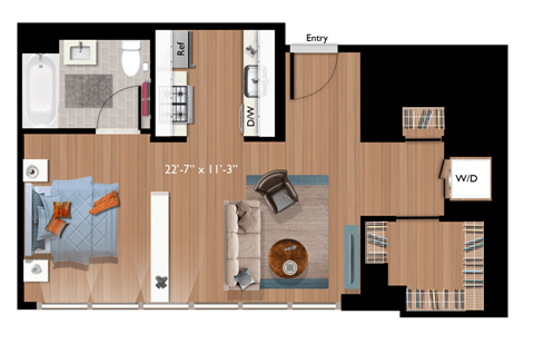 Floor plan for studio, 1 bath, 557 sqft
